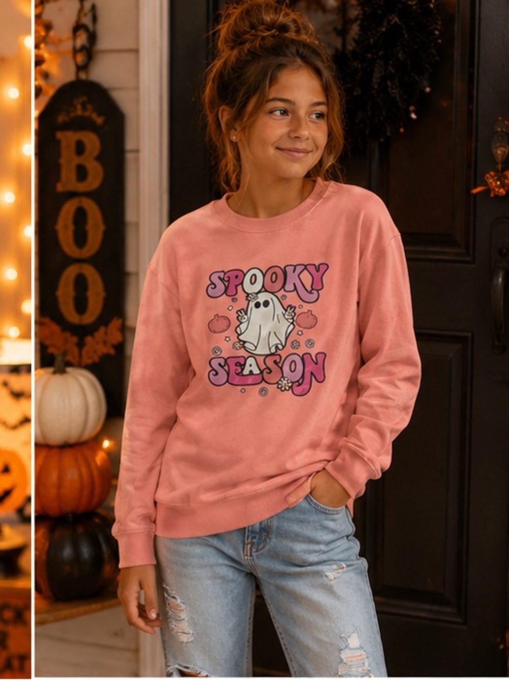 Spooky season sweatshirt ghost Halloween 13y 14y coral **2 for 20**
